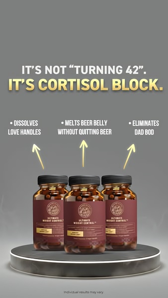A vertical-format static ad for a weight control supplement that challenges the 'aging' narrative and attributes belly fat to cortisol levels.